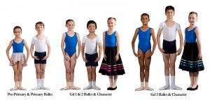 Younger male and female children demonstrate the ballet uniforms for students at Julie Sianne Theatre Arts ballet classes in Surrey.